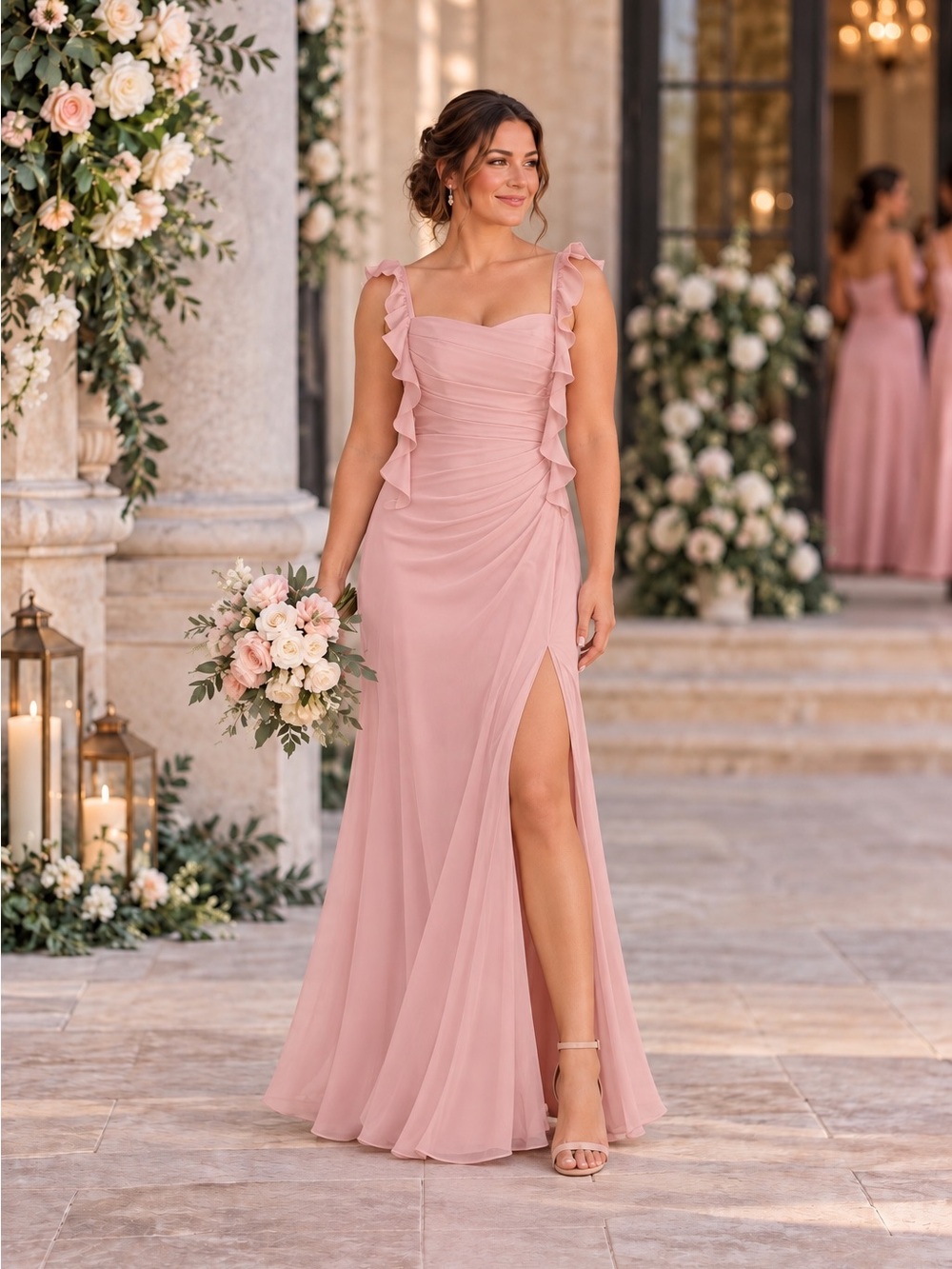 AZAZIE Women's Powder Pink JESSAMINE Corset Chiffon Ruffle Strap Maxi Dress A10
